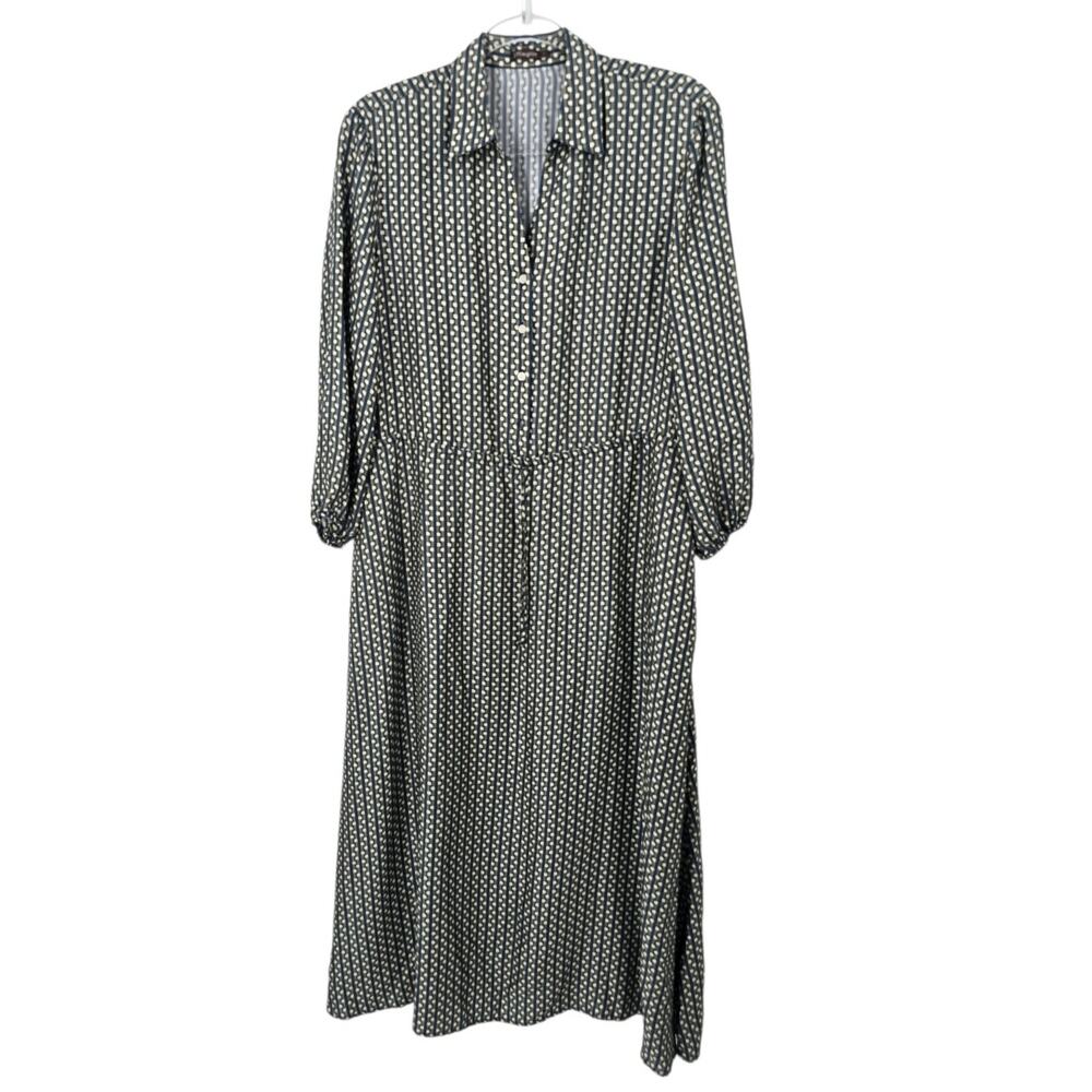 J. McLaughlin Mollie Silk Blend Geometric Maxi Shirt Dress Green Blue Size L